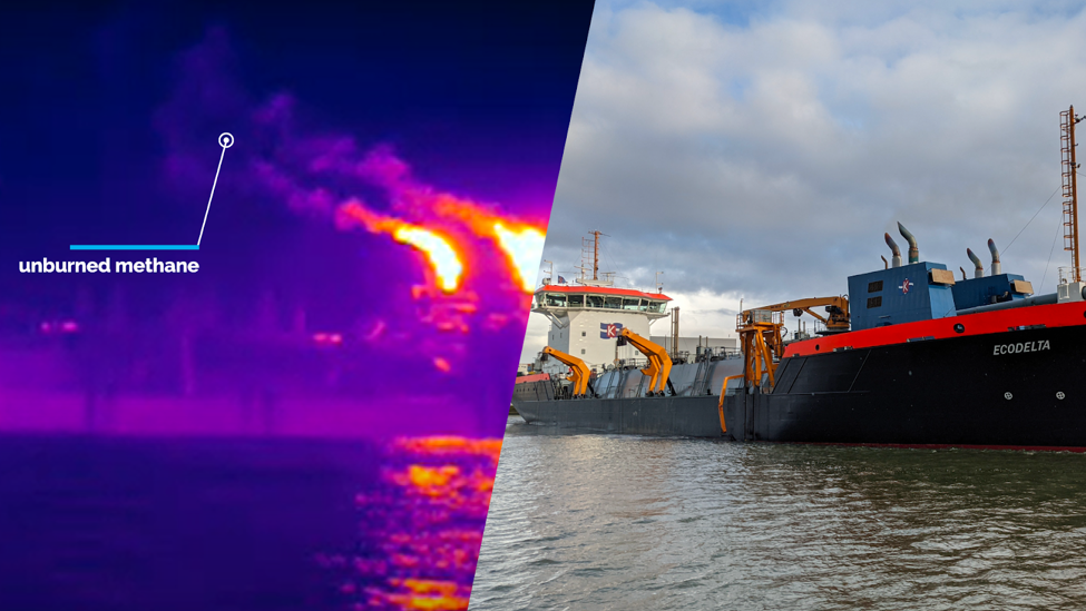 Ces images montrent les émissions de chaleur et de gaz provenant de la cheminée d'échappement des moteurs de navires. La lumière brillante près de la cheminée d'échappement indique une source de chaleur. Au fur et à mesure que le panache s'éloigne de la cheminée d'échappement chauffée, nous pouvons observer des émissions d'hydrocarbures non brûlés.